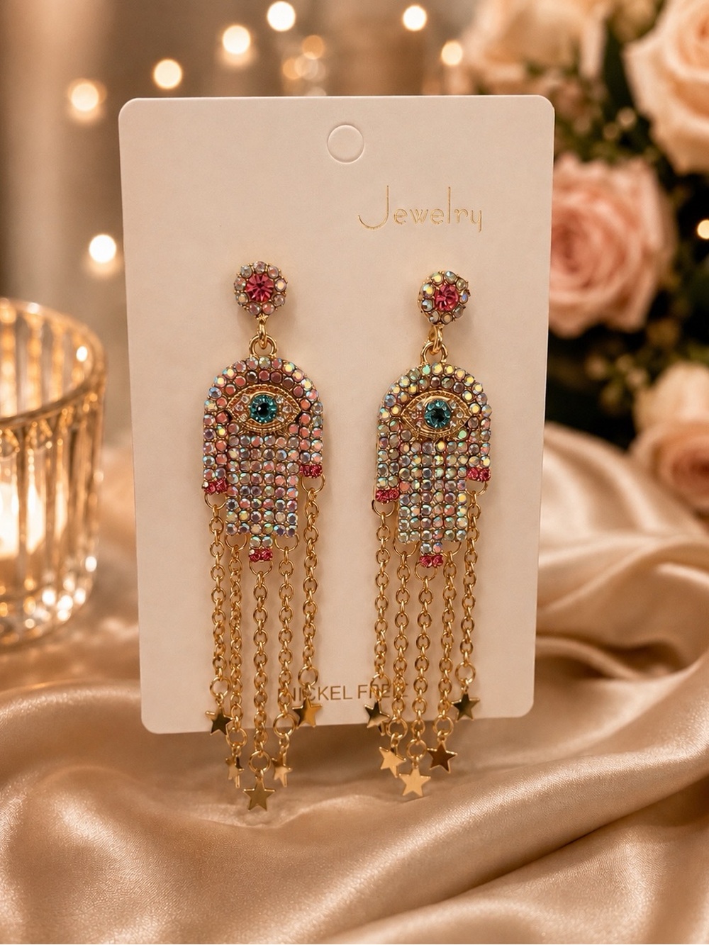 Mediterranean Elegant Jewelry Pink Crystal Hamsa Drop Earrings with Gold Stars🌟
